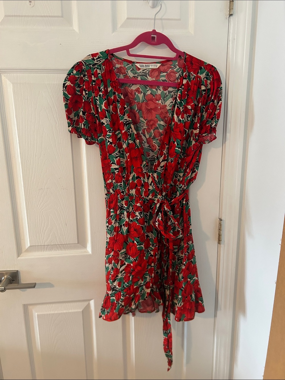 Zara Red Floral Mini Dress with Green Leaves